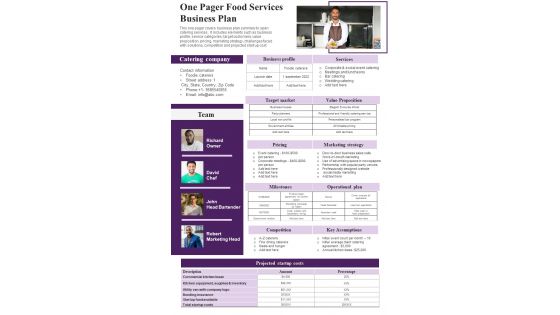 One Pager Food Services Business Plan PDF Document PPT Template