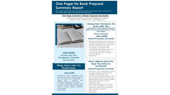 One Pager For Book Proposal Summary Report PDF Document PPT Template