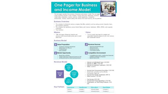 One Pager For Business And Income Model PDF Document PPT Template