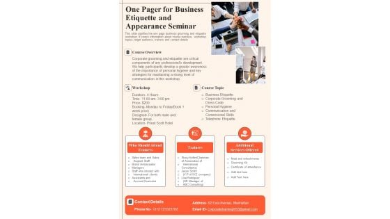 One Pager For Business Etiquette And Appearance Seminar PDF Document PPT Template