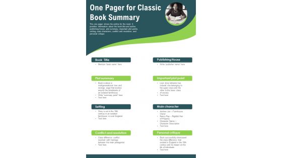 One Pager For Classic Book Summary PDF Document PPT Template