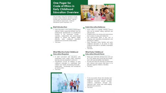 One Pager For Code Of Ethics In Early Childhood Education Overview PDF Document PPT Template