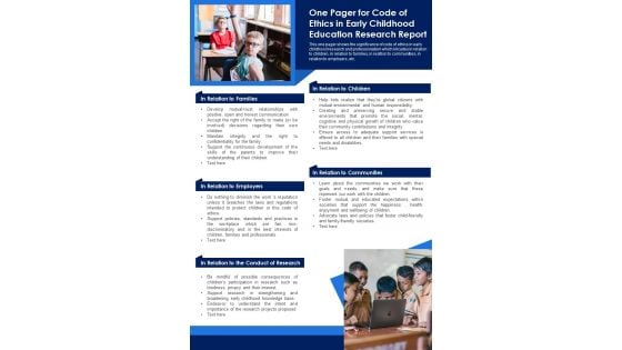 One Pager For Code Of Ethics In Early Childhood Education Research Report PDF Document PPT Template