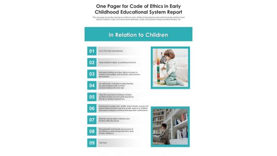 One Pager For Code Of Ethics In Early Childhood Educational System Report PDF Document PPT Template