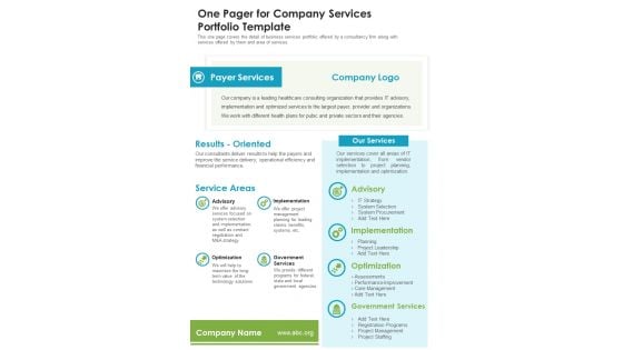 One Pager For Company Services Portfolio Template PDF Document PPT Template