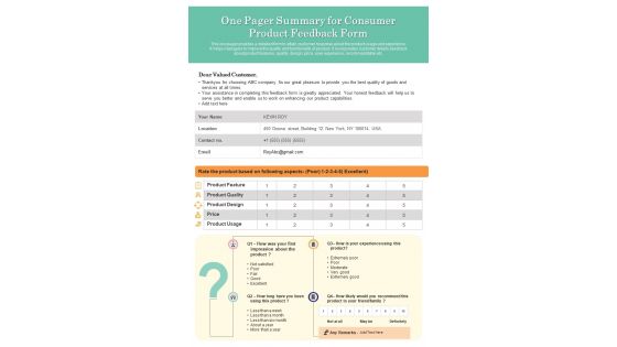 One Pager For Customer Product Feedback Form PDF Document PPT Template