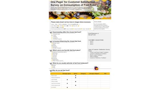 One Pager For Customer Satisfaction Survey On Consuption Of Fast Food PDF Document PPT Template