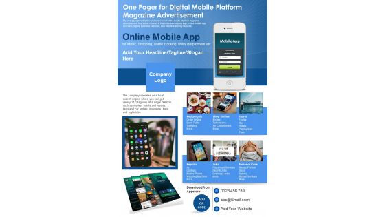 One Pager For Digital Mobile Platform Magazine Advertisement PDF Document PPT Template