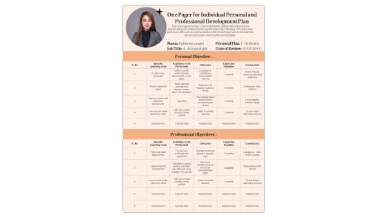 One Pager For Individual Development Plan PDF Document PPT Template