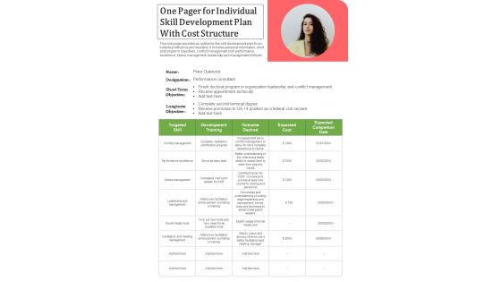 One Pager For Individual Skill Development Plan With Cost Structure PDF Document PPT Template