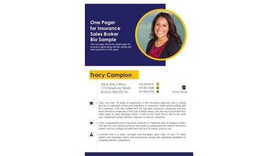 One Pager For Insurance Sales Broker Bio Sample PDF Document PPT Template One Pager For Insurance Sales Broker Bio Sample PDF Document PPT Template