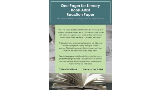 One Pager For Literary Book Artist Reaction Paper PDF Document PPT Template