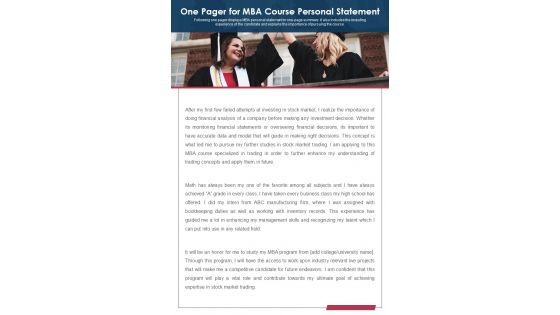 One Pager For MBA Course Personal Statement PDF Document PPT Template