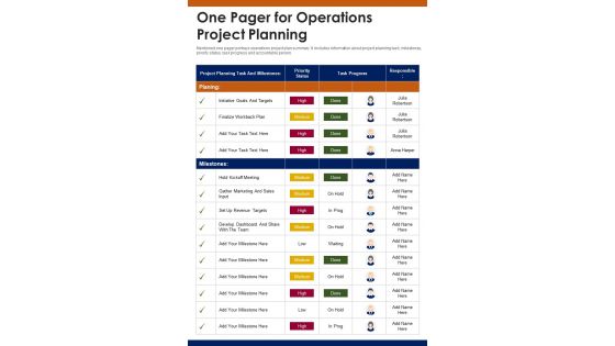 One Pager For Operations Project Planning PDF Document PPT Template