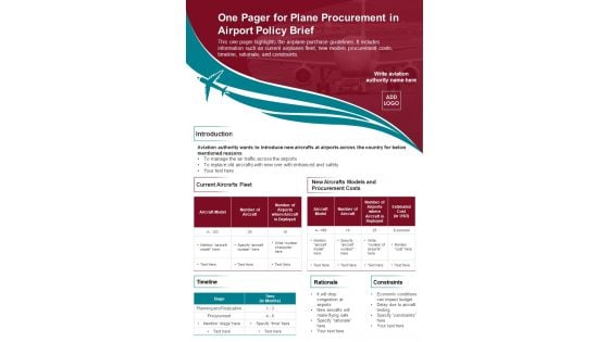 One Pager For Plane Procurement In Airport Policy Brief PDF Document PPT Template