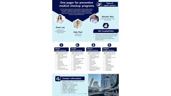 One Pager For Preventive Medical Checkup Programs PDF Document PPT Template