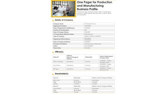 One Pager For Production And Manufacturing Business Profile PDF Document PPT Template