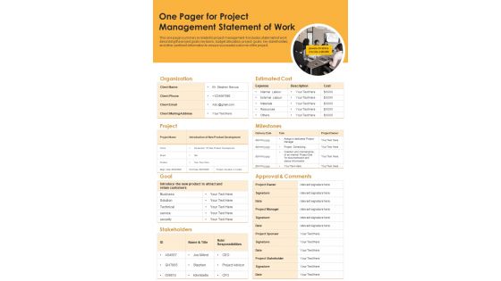 One Pager For Project Management Statement Of Work PDF Document PPT Template