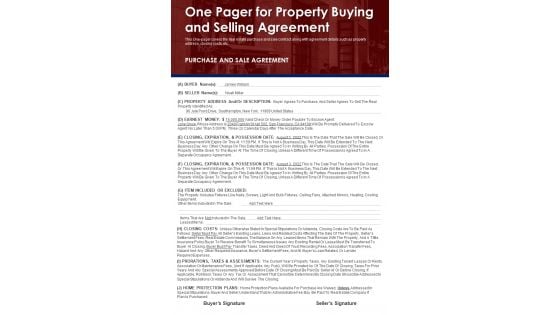 One Pager For Property Buying And Selling Agreement PDF Document PPT Template