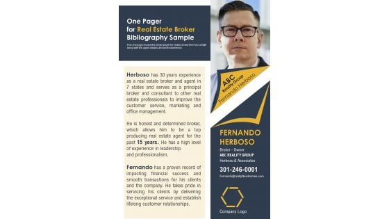 One Pager For Real Estate Broker Bibliography Sample PDF Document PPT Template One Pager For Real Estate Broker Bibliography Sample PDF Document PPT Template