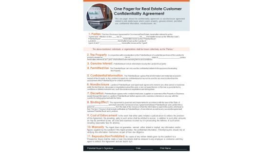 One Pager For Real Estate Customer Confidentiality Agreement PDF Document PPT Template