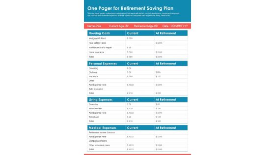 One Pager For Retirement Saving Plan PDF Document PPT Template