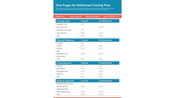 One Pager For Retirement Saving Plan PDF Document PPT Template