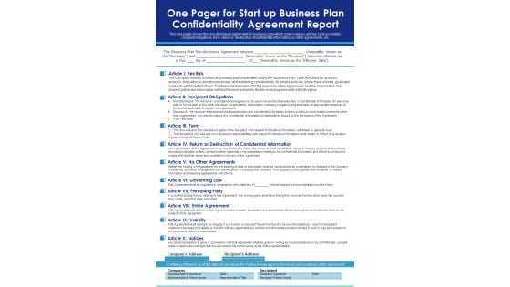 One Pager For Start Up Business Plan Confidentiality Agreement Report PDF Document PPT Template