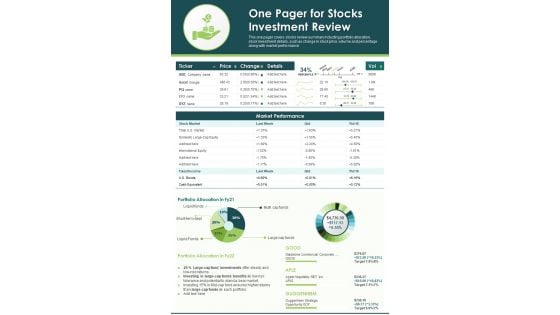 One Pager For Stocks Investment Review PDF Document PPT Template