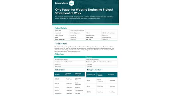 One Pager For Website Designing Project Statement Of Work PDF Document PPT Template