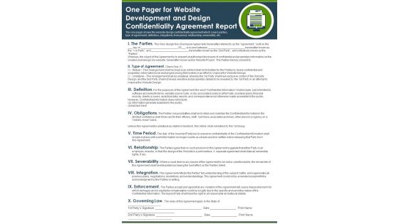 One Pager For Website Development And Design Confidentiality Agreement Report PDF Document PPT Template