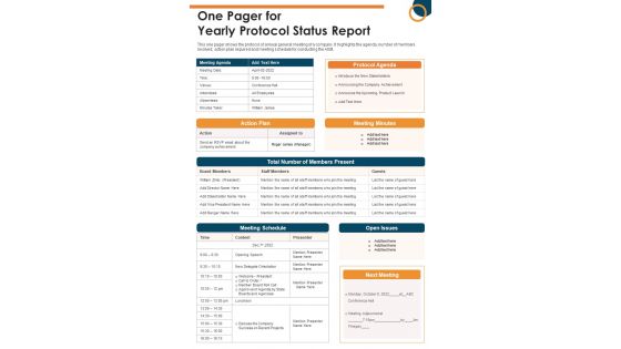 One Pager For Yearly Protocol Status Report PDF Document PPT Template One Pager For Yearly Protocol Status Report PDF Document PPT Template