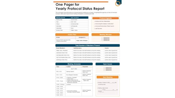 One Pager For Yearly Protocol Status Report PDF Document PPT Template