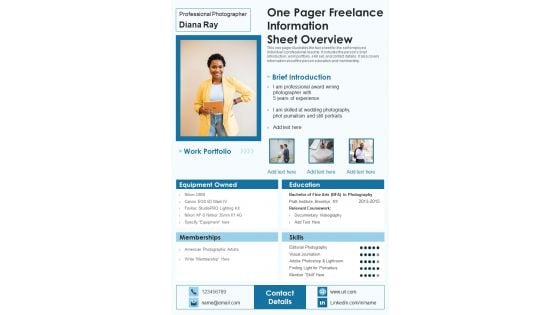 One Pager Freelance Information Sheet Overview PDF Document PPT Template