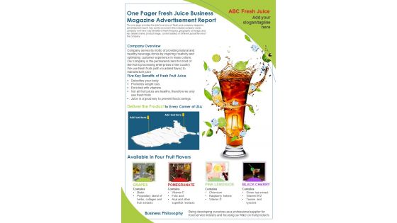 One Pager Fresh Juice Business Magazine Advertisement Report PDF Document PPT Template