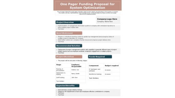 One Pager Funding Proposal For System Optimization PDF Document PPT Template