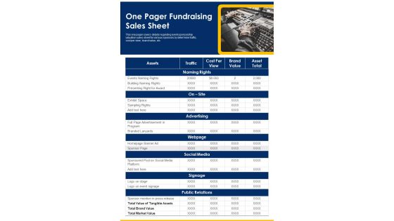 One Pager Fundraising Sales Sheet PDF Document PPT Template