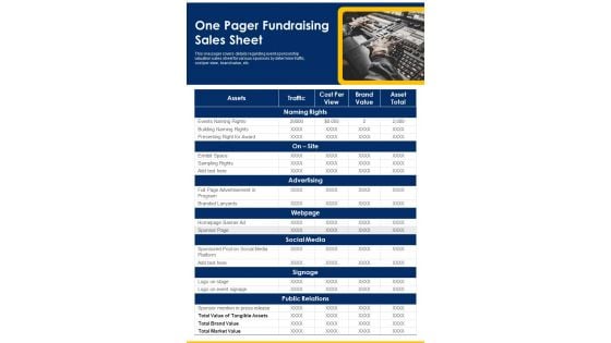 One Pager Fundraising Sales Sheet PDF Document PPT Template