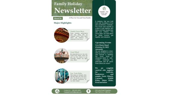 One Pager Funfair Family Break Newsletter PDF Document PPT Template