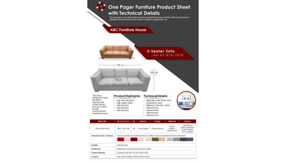 One Pager Furniture Product Sheet With Technical Details PDF Document PPT Template