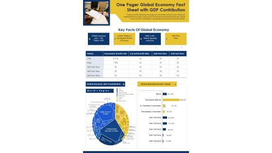 One Pager Global Economy Fact Sheet With GDP Contribution PDF Document PPT Template