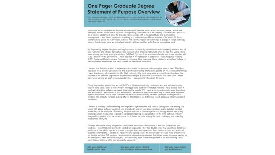 One Pager Graduate Degree Statement Of Purpose Overview PDF Document PPT Template