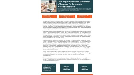 One Pager Graduate Statement Of Purpose For Economic Project Research PDF Document PPT Template One Pager Graduate Statement Of Purpose For Economic Project Research PDF Document PPT Template