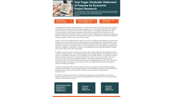 One Pager Graduate Statement Of Purpose For Economic Project Research PDF Document PPT Template