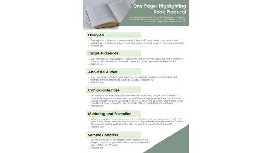 One Pager Highlighting Book Proposal PDF Document PPT Template