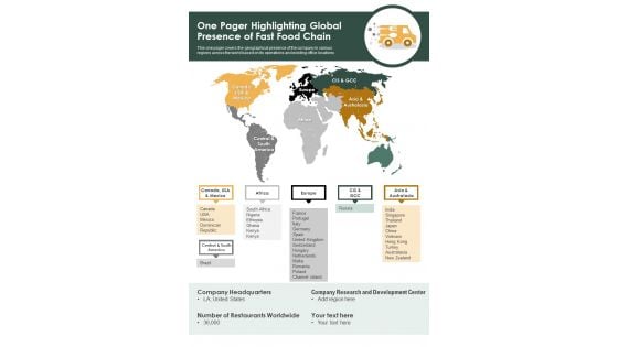 One Pager Highlighting Global Presence Of Fast Food Chain PDF Document PPT Template One Pager Highlighting Global Presence Of Fast Food Chain PDF Document PPT Template