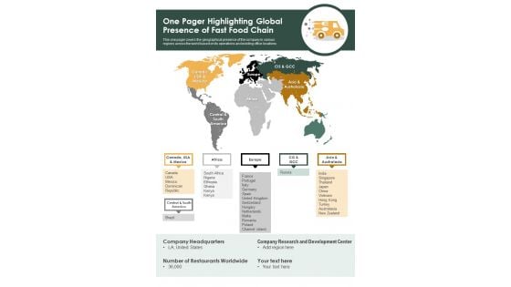 One Pager Highlighting Global Presence Of Fast Food Chain PDF Document PPT Template