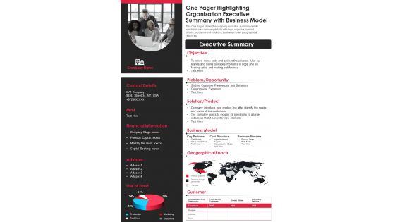 One Pager Highlighting Organization Executive Summary With Business Model PDF Document PPT Template