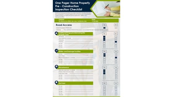 One Pager Home Property Pre Construction Inspection Checklist PDF Document PPT Template