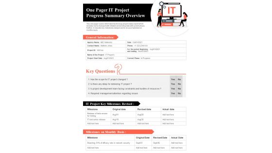 One Pager IT Project Progress Summary Overview PDF Document PPT Template